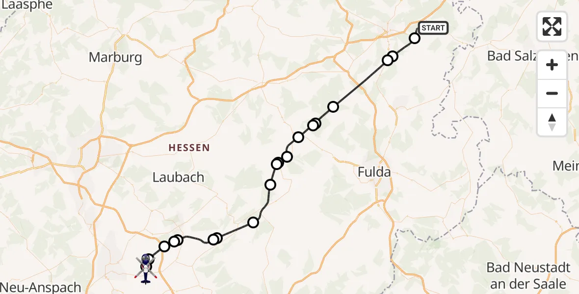 Flugroute Polizeihubschrauber Friedewald - Flugplatz Reichelsheim, 20 Mai 2026, 08:28