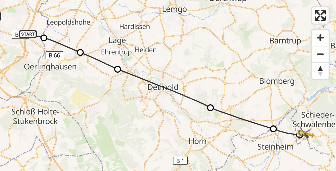 Flugroute Rettungshubschrauber Bielefeld - Schieder-Schwalenberg, 20 Mai 2026, 08:30
