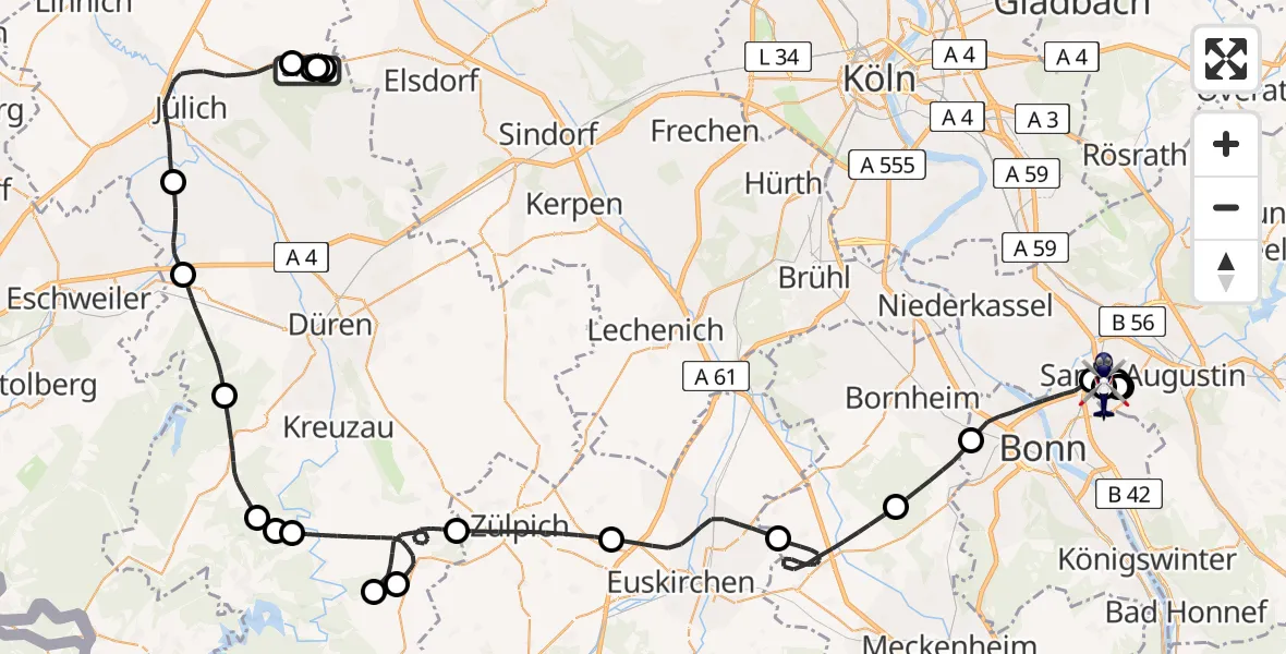 Flugroute Polizeihubschrauber Titz - Sankt Augustin, 20 Mai 2026, 08:33