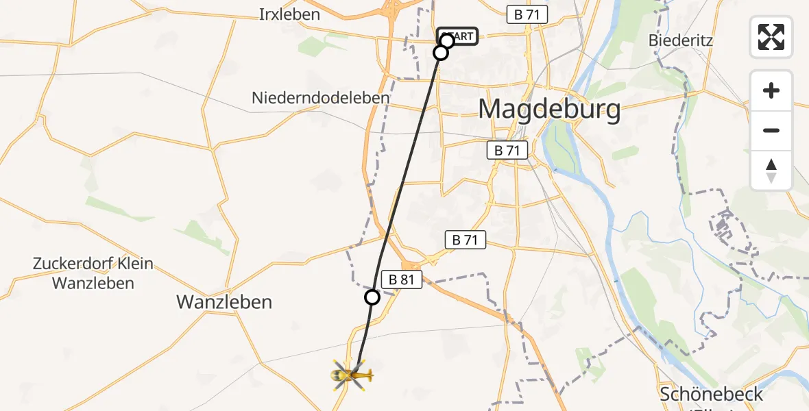 Flugroute Rettungshubschrauber Magdeburg Hospital - Sülzetal, 20 Mai 2026, 08:35