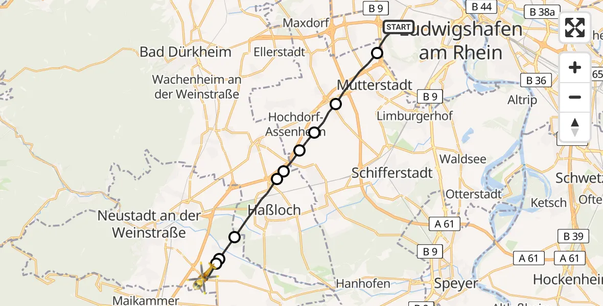 Flugroute Rettungshubschrauber Ludwigshafen am Rhein - Neustadt an der Weinstraße, 20 Mai 2026, 08:35