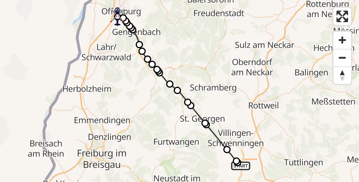 Flugroute Polizeihubschrauber Donaueschingen-Villingen Flugplatz - Offenburg-Baden Flugplatz, 20 Mai 2026, 08:35