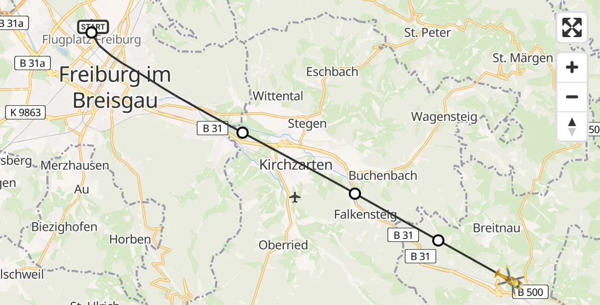 Flugroute Rettungshubschrauber Freiburg im Breisgau Flugplatz - Breitnau, 20 Mai 2026, 08:40