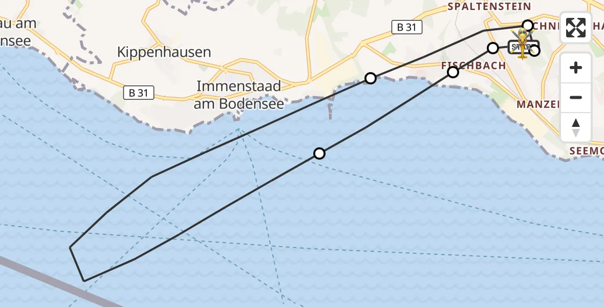 Flugroute Rettungshubschrauber Friedrichshafen Hospital - Friedrichshafen Hospital, 20 Mai 2026, 08:45