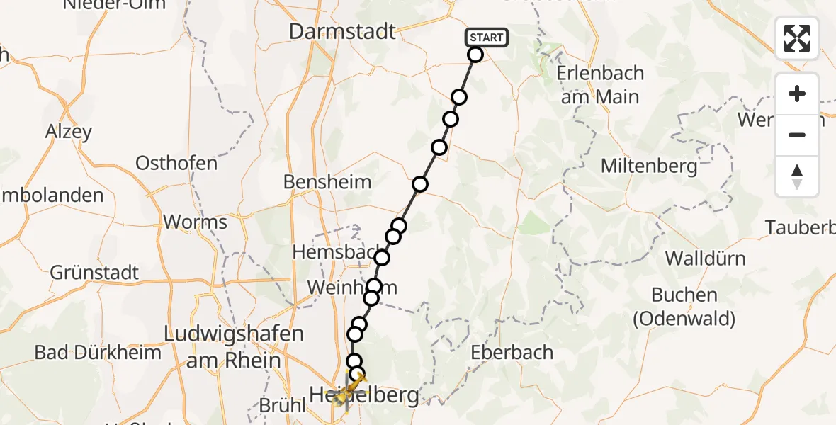 Flugroute Rettungshubschrauber Groß-Umstadt - Heidelberg, 20 Mai 2026, 08:45
