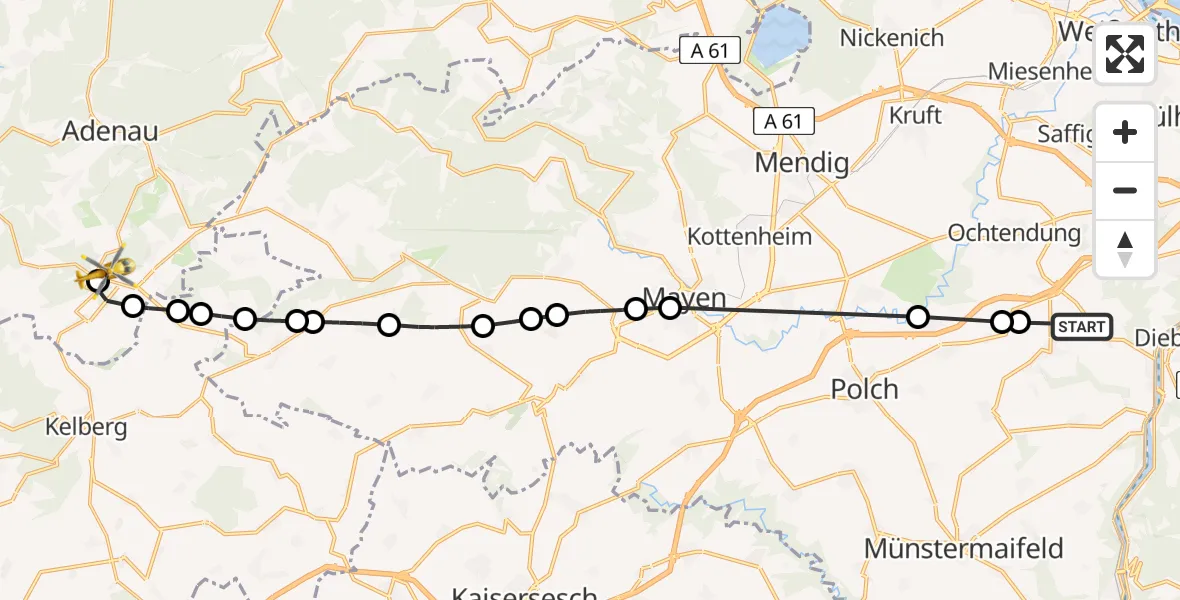 Flugroute Ambulanzhubschrauber Kobern-Gondorf - Nürburg, 20 Mai 2026, 08:45