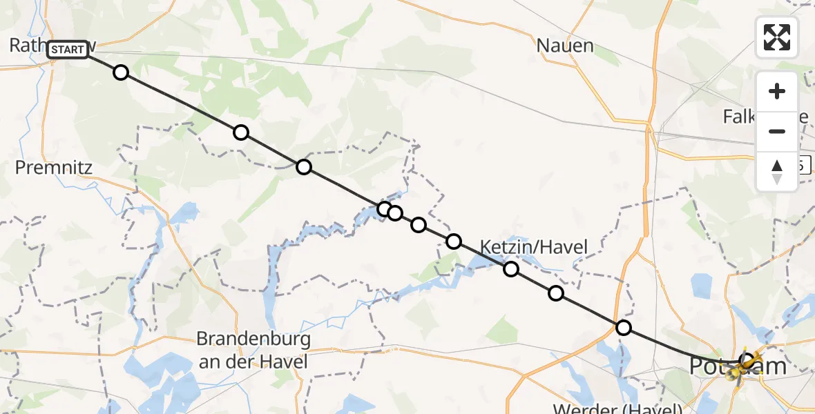 Flugroute Rettungshubschrauber Rathenow - Ernst von Bergmann Clinic Hubschrauberlandeplatz, 20 Mai 2026, 08:48