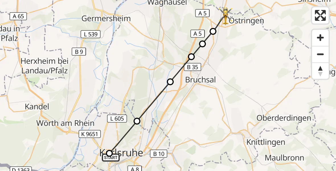 Flugroute Rettungshubschrauber Sankt Vincentius Hospital - Bad Schönborn, 20 Mai 2026, 08:48