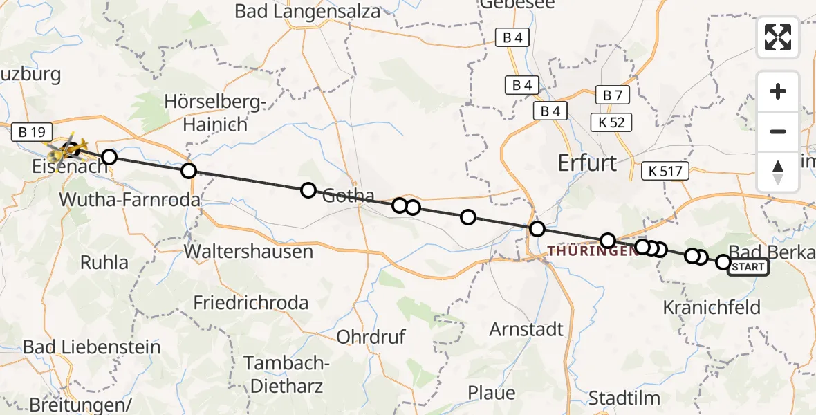 Flugroute Ambulanzhubschrauber Bad Berka - Sankt Georg Hospital Eisenach, 20 Mai 2026, 08:49