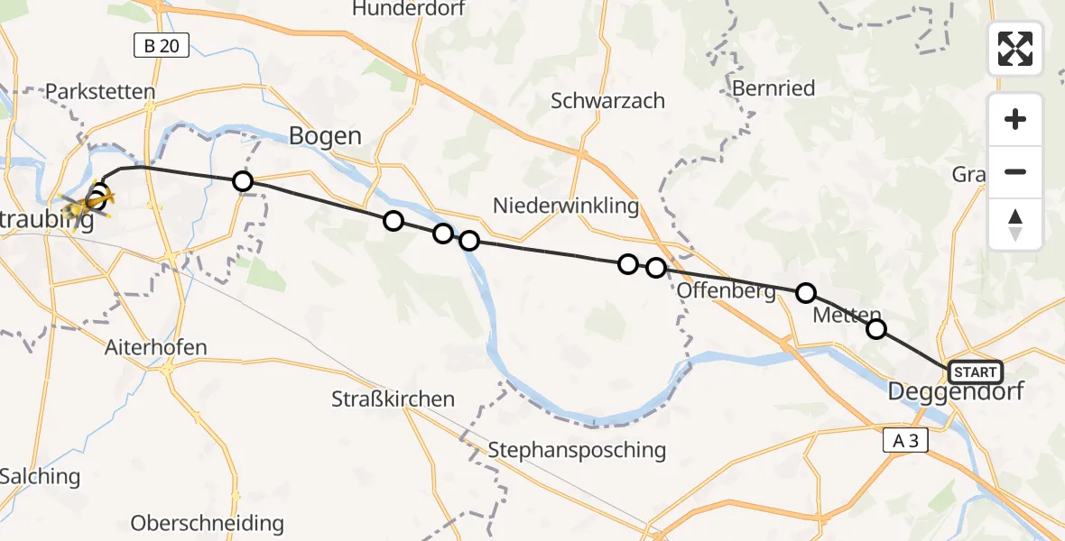 Flugroute Rettungshubschrauber Deggendorf - Sankt Elisabeth Hospital Straubing, 20 Mai 2026, 08:50