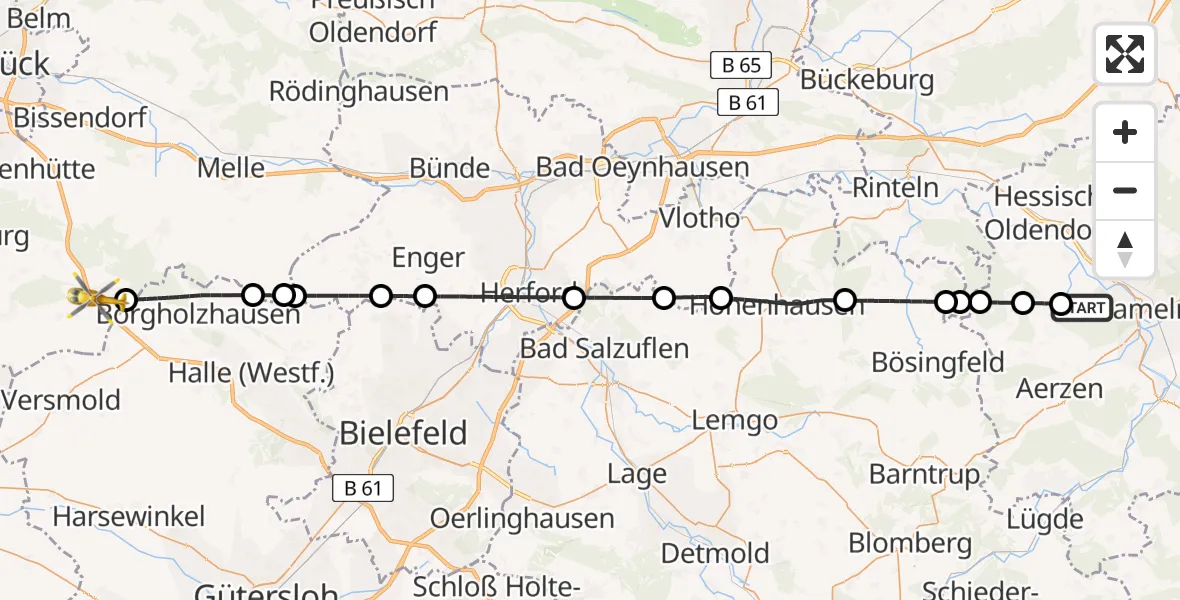 Flugroute Ambulanzhubschrauber Hameln - Dissen am Teutoburger Wald, 20 Mai 2026, 09:07