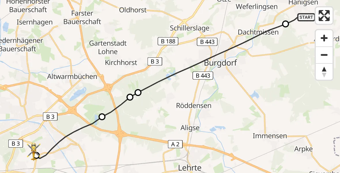 Flugroute Rettungshubschrauber Uetze - Hannover Luftrettung Hubschrauberlandeplatz (Christoph 4), 20 Mai 2026, 09:07