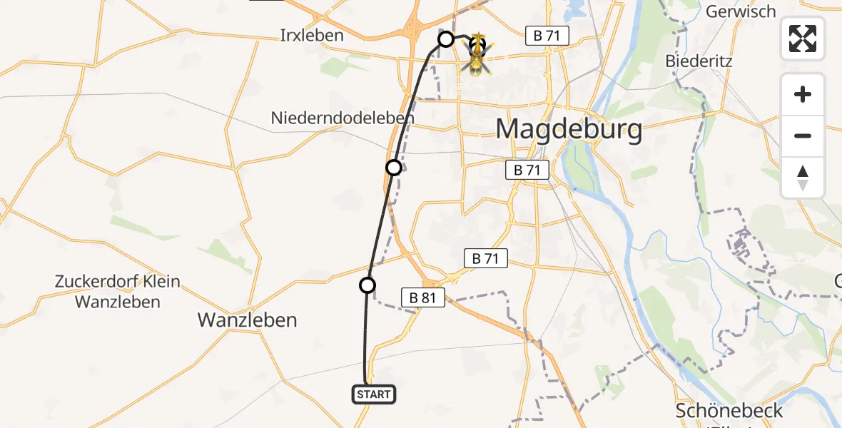 Flugroute Rettungshubschrauber Sülzetal - Magdeburg Hospital, 20 Mai 2026, 09:07