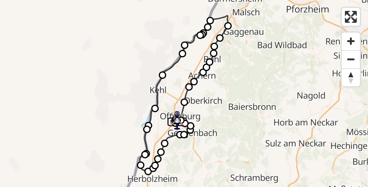 Flugroute Polizeihubschrauber Offenburg-Baden Flugplatz - Offenburg-Baden Flugplatz, 20 Mai 2026, 09:15