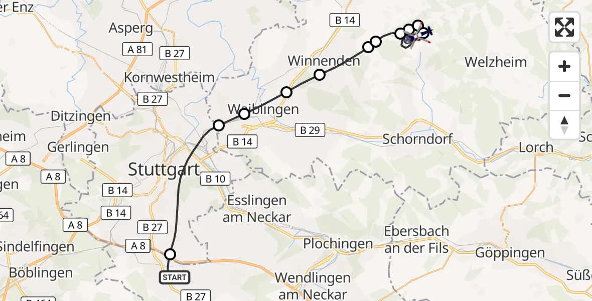 Flugroute Polizeihubschrauber Flughafen Stuttgart - Rudersberg, 20 Mai 2026, 09:18