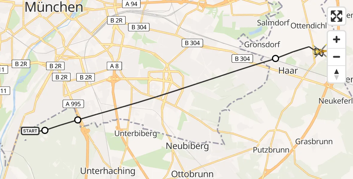 Flugroute Rettungshubschrauber ADAC Air Rescue Center Hubschrauberlandeplatz (Christoph 1) - Haar Hospital, 20 Mai 2026, 09:19