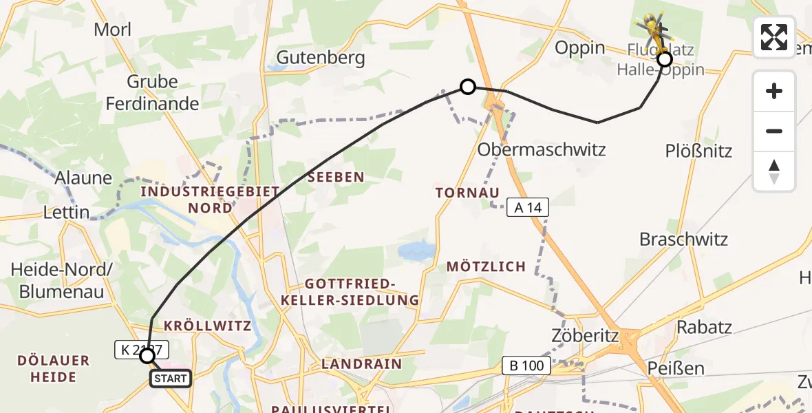 Flugroute Rettungshubschrauber Halle (Saale) University Hospital - Halle-Oppin Flugplatz, 20 Mai 2026, 09:24