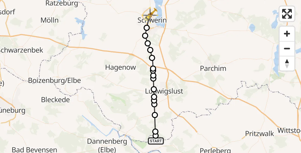 Flugroute Rettungshubschrauber Lenzen (Elbe) - Schwerin, 20 Mai 2026, 09:25