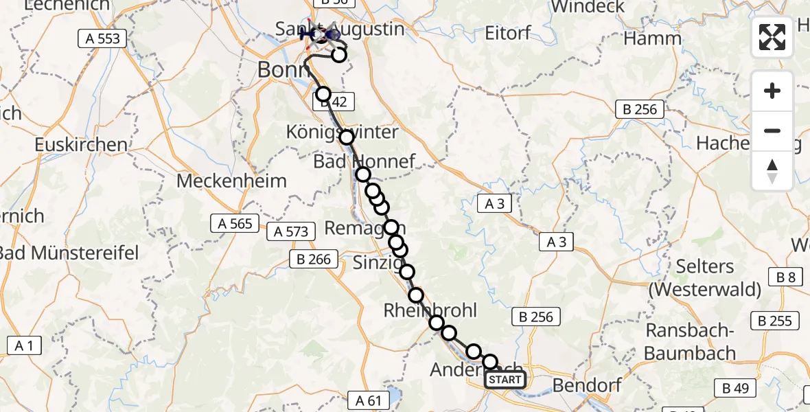 Flugroute Polizeihubschrauber Andernach - Bonn-Hangelar Flugplatz, 20 Mai 2026, 09:26
