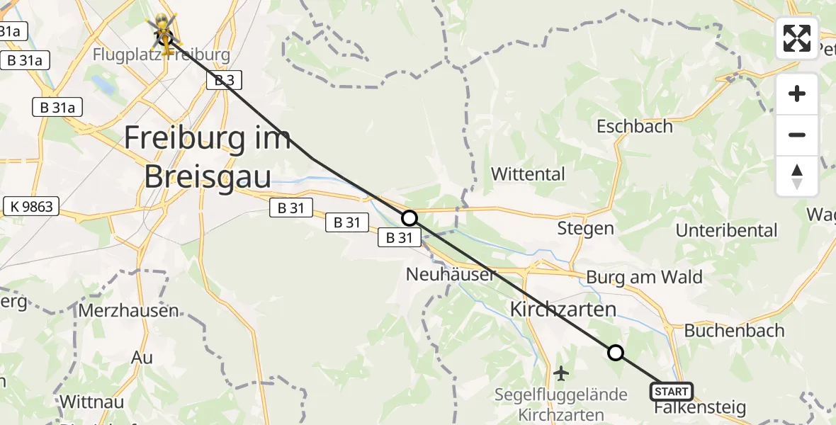 Flugroute Rettungshubschrauber Buchenbach - Freiburg im Breisgau Flugplatz, 20 Mai 2026, 09:35