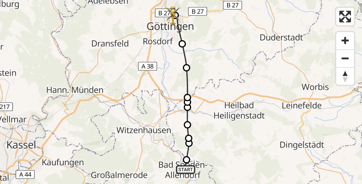 Flugroute Rettungshubschrauber Bad Sooden-Allendorf - Göttingen University Clinic Hubschrauberlandeplatz, 20 Mai 2026, 09:36