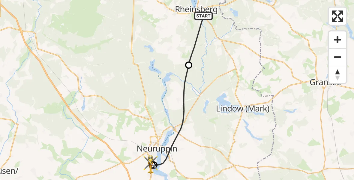 Flugroute Rettungshubschrauber Rheinsberg - Rupin Hospital, 20 Mai 2026, 09:46