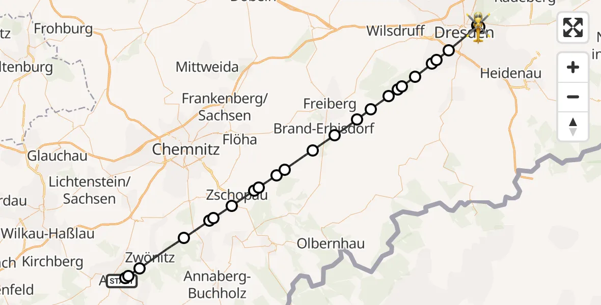 Flugroute Rettungshubschrauber Aue-Bad Schlema - Dresden University Hospital, 20 Mai 2026, 09:47
