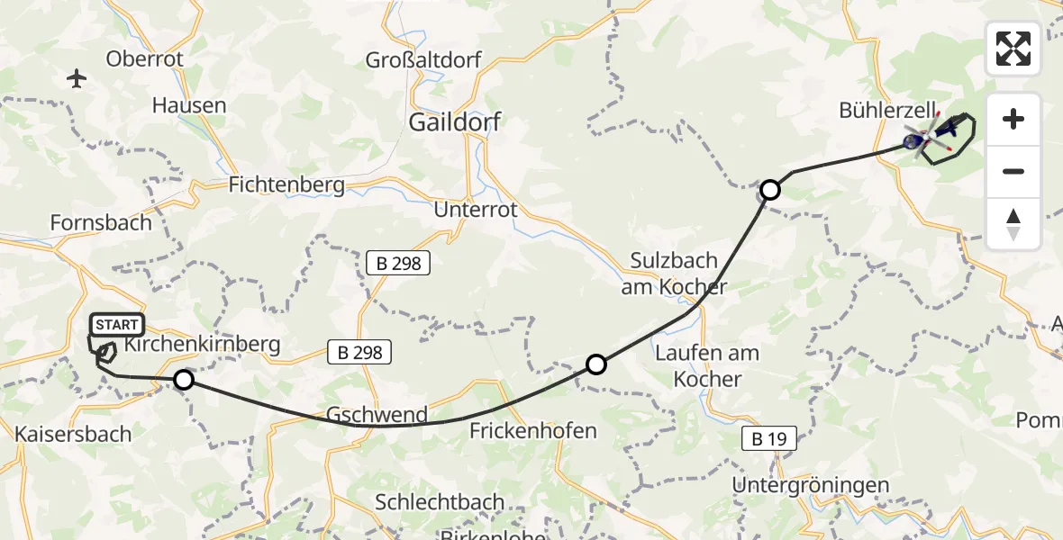 Flugroute Polizeihubschrauber Murrhardt - Bühlerzell, 20 Mai 2026, 09:52