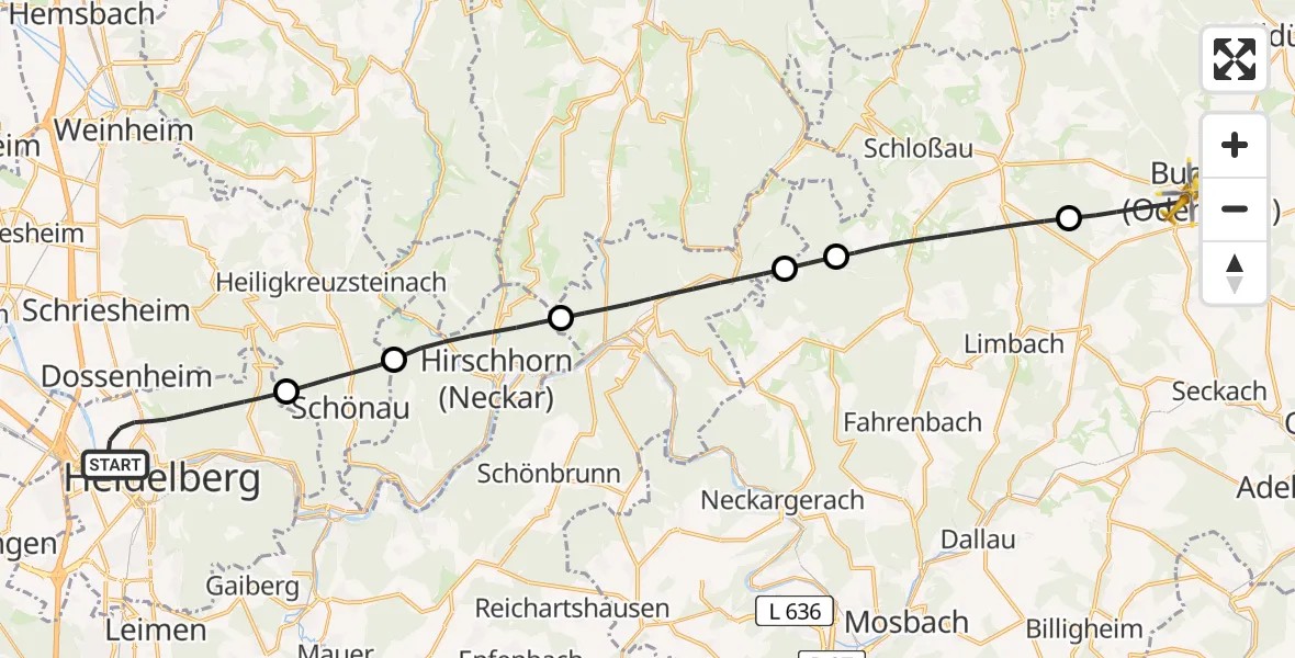 Flugroute Rettungshubschrauber Heidelberg - Buchen (Odenwald), 20 Mai 2026, 09:53