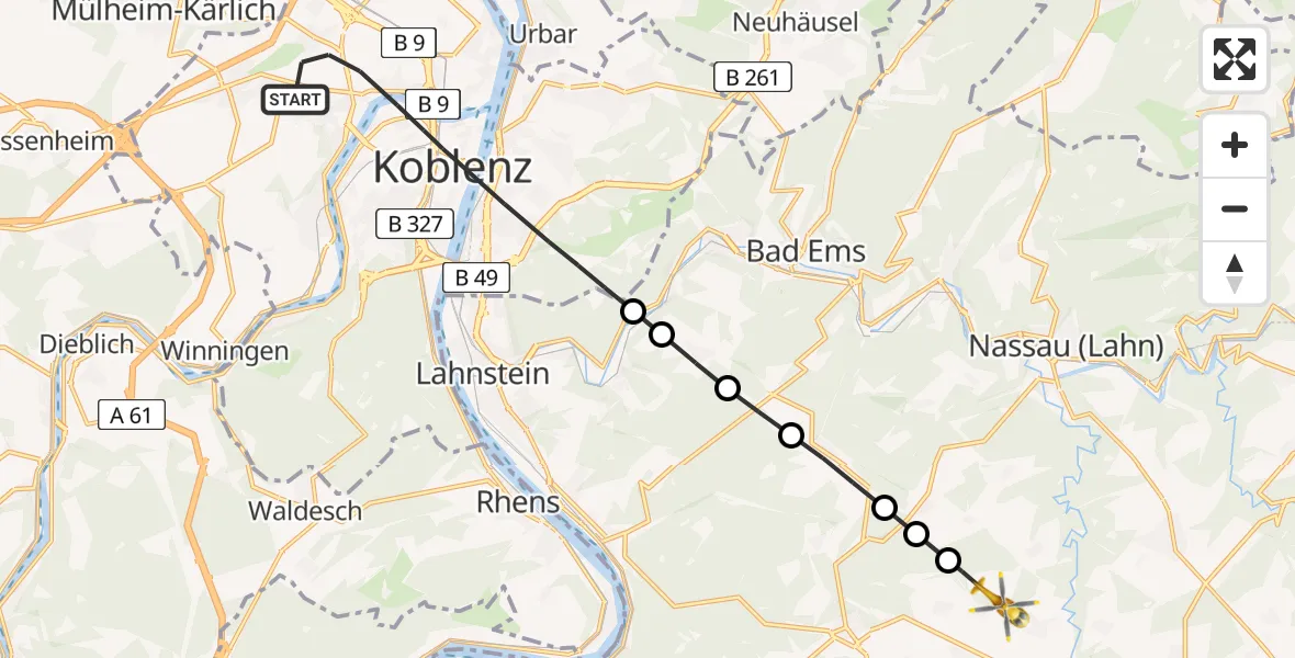 Flugroute Rettungshubschrauber Koblenz - Dessighofen, 20 Mai 2026, 09:54