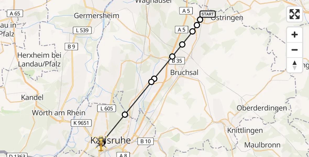 Flugroute Rettungshubschrauber Bad Schönborn - Sankt Vincentius Hospital, 20 Mai 2026, 09:55