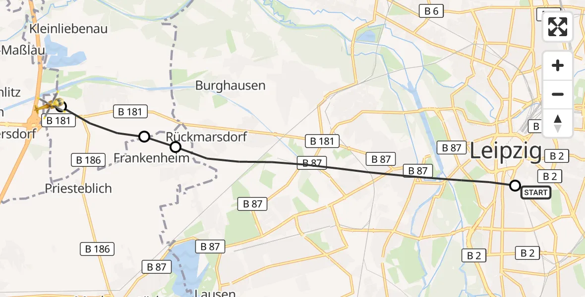 Flugroute Rettungshubschrauber Leipzig University Hospital Heliport 1 - ADAC Air Rescue Station Leipzig/Schkeuditz-Dölzig Hubschrauberlandeplatz (Christoph 61), 20 Mai 2026, 09:57