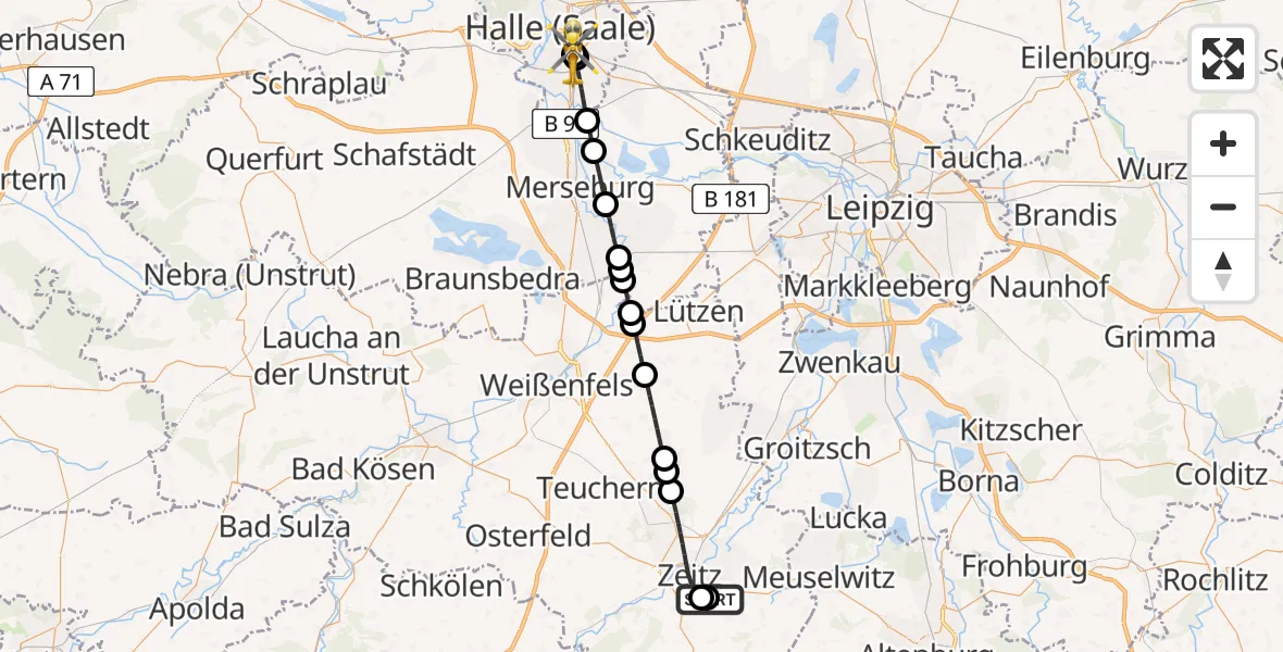 Flugroute Ambulanzhubschrauber Zeitz Hospital - BG Hospital Bergmannstrost Halle, 20 Mai 2026, 09:58