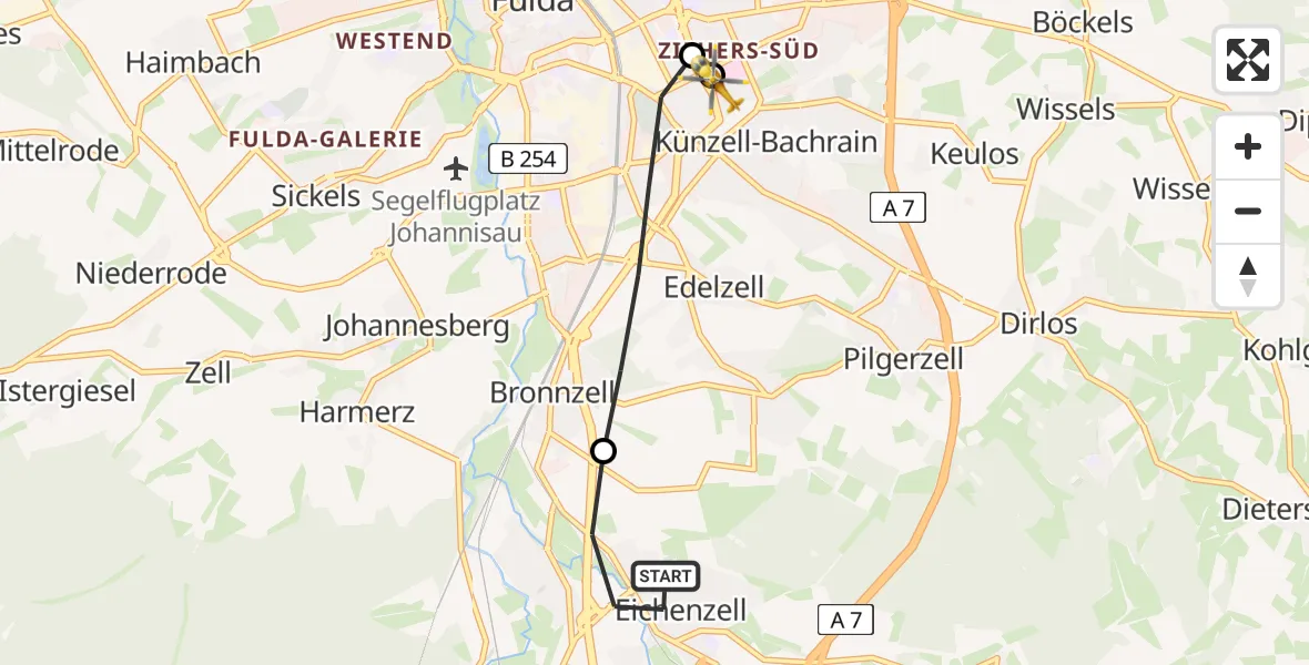 Flugroute Rettungshubschrauber Eichenzell - Fulda Hospital, 20 Mai 2026, 09:59