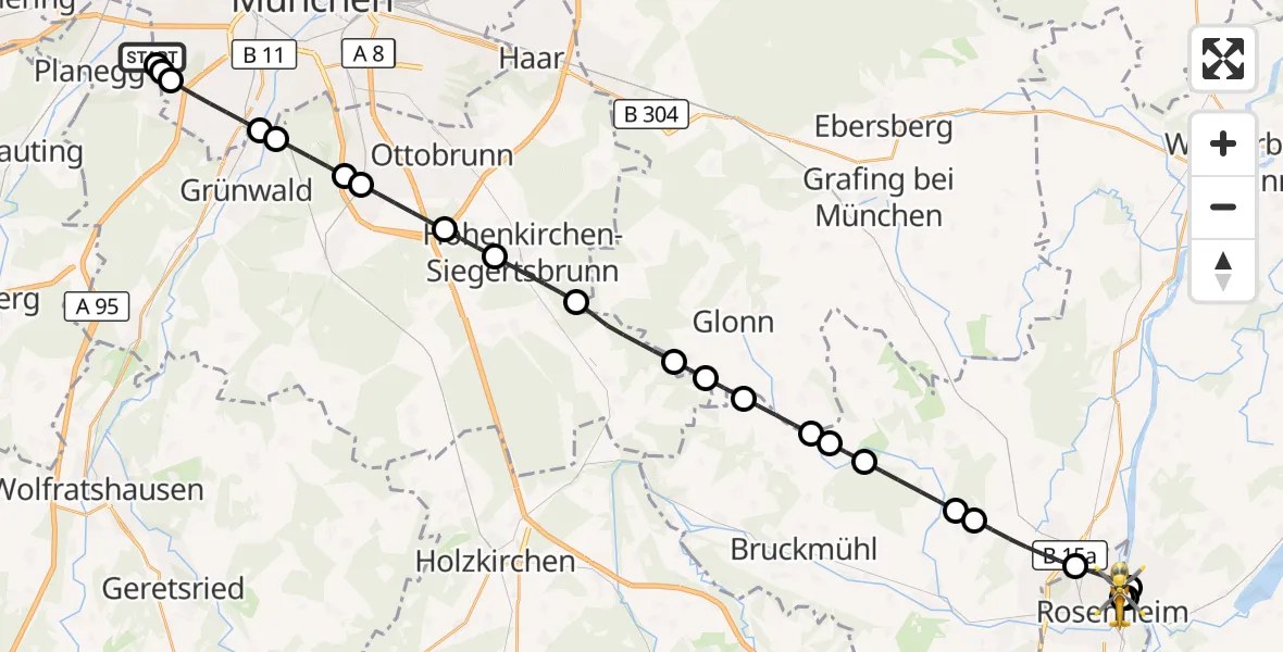 Flugroute Rettungshubschrauber DRF Air Rescue München Hubschrauberlandeplatz - RoMed Hospital Rosenheim, 20 Mai 2026, 10:03