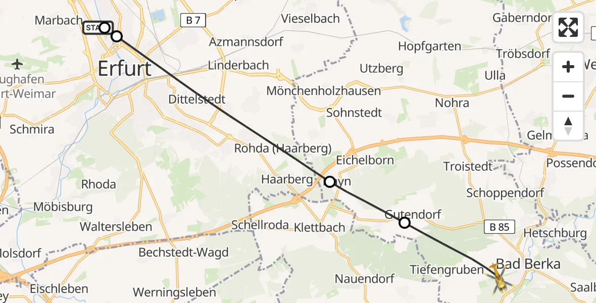 Flugroute Ambulanzhubschrauber Helios Clinic Erfurt - Bad Berka, 20 Mai 2026, 10:10