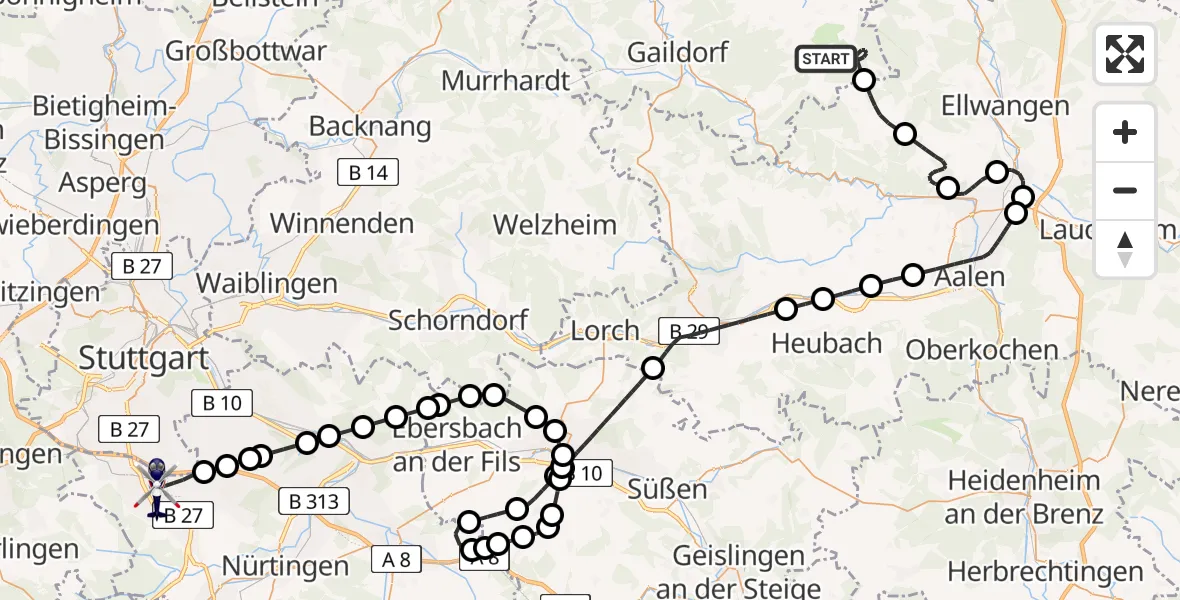 Flugroute Polizeihubschrauber Bühlerzell - Flughafen Stuttgart, 20 Mai 2026, 10:14