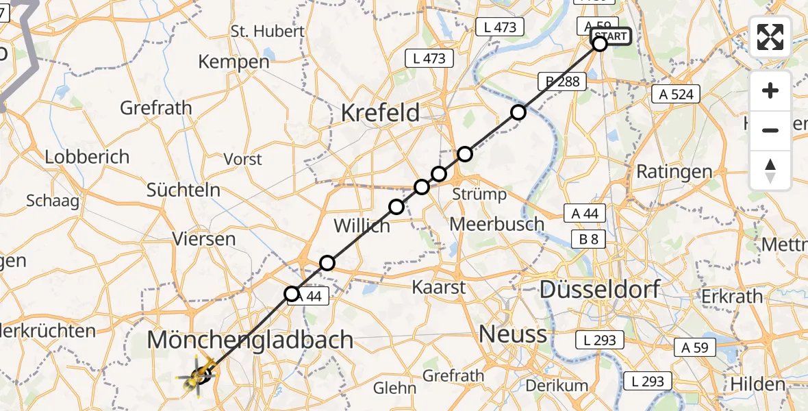 Flugroute Rettungshubschrauber Duisburg Air Rescue Hubschrauberlandeplatz (Christoph 9) - Mönchengladbach, 20 Mai 2026, 10:15