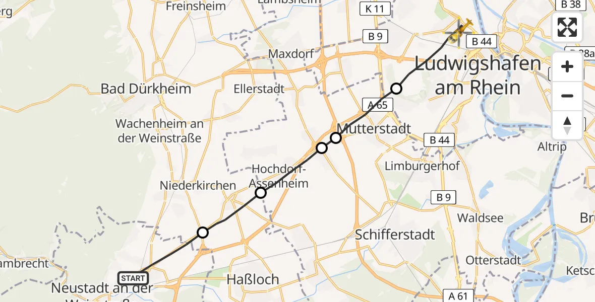 Flugroute Rettungshubschrauber Neustadt an der Weinstraße - Ludwigshafen am Rhein, 20 Mai 2026, 10:16