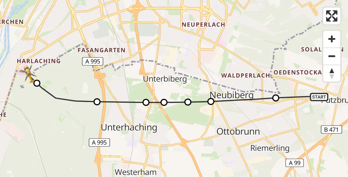 Flugroute Rettungshubschrauber Putzbrunn - ADAC Air Rescue Center Hubschrauberlandeplatz (Christoph 1), 20 Mai 2026, 10:33