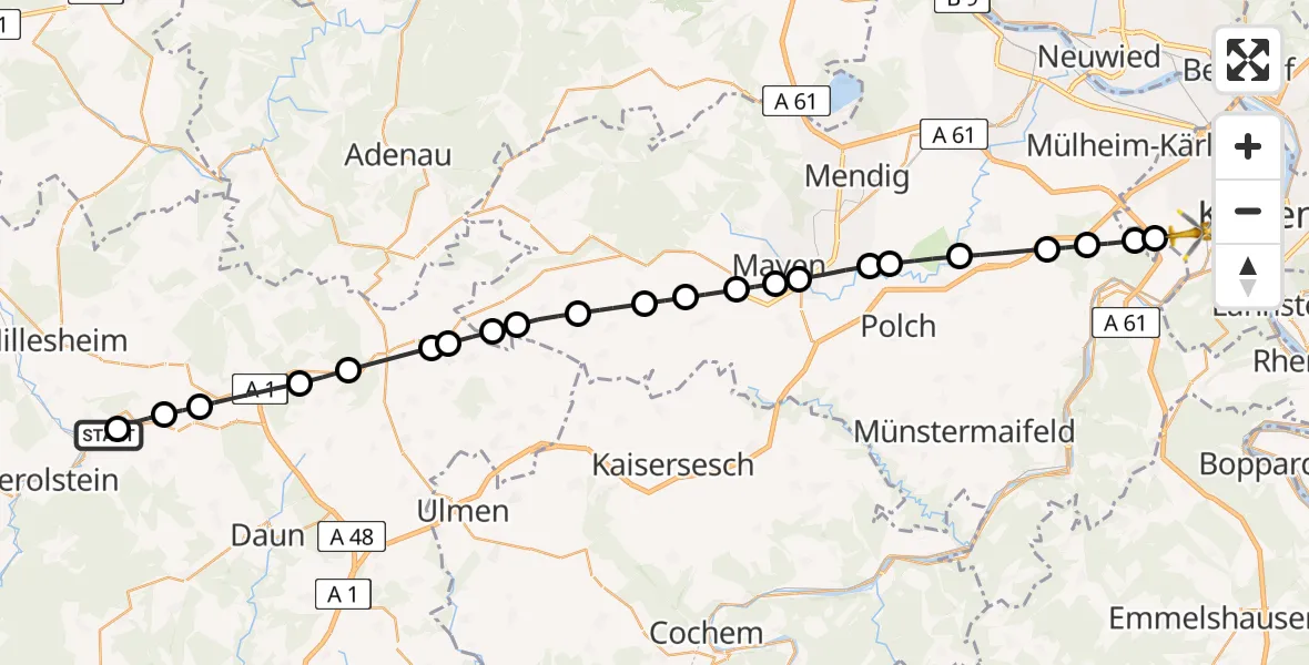 Flugroute Ambulanzhubschrauber Rockeskyll - Koblenz, 20 Mai 2026, 10:35