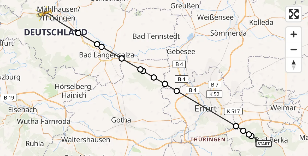 Flugroute Ambulanzhubschrauber Bad Berka - Mühlhausen/Thüringen, 20 Mai 2026, 10:39