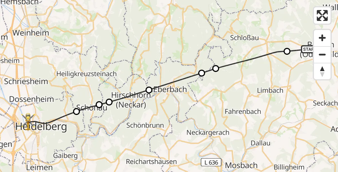 Flugroute Rettungshubschrauber Buchen (Odenwald) - Heidelberg, 20 Mai 2026, 10:45