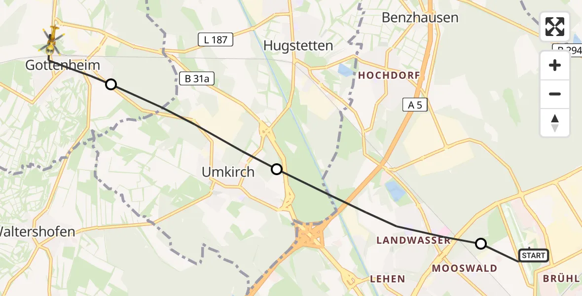 Flugroute Rettungshubschrauber Freiburg im Breisgau Flugplatz - Gottenheim, 20 Mai 2026, 10:46
