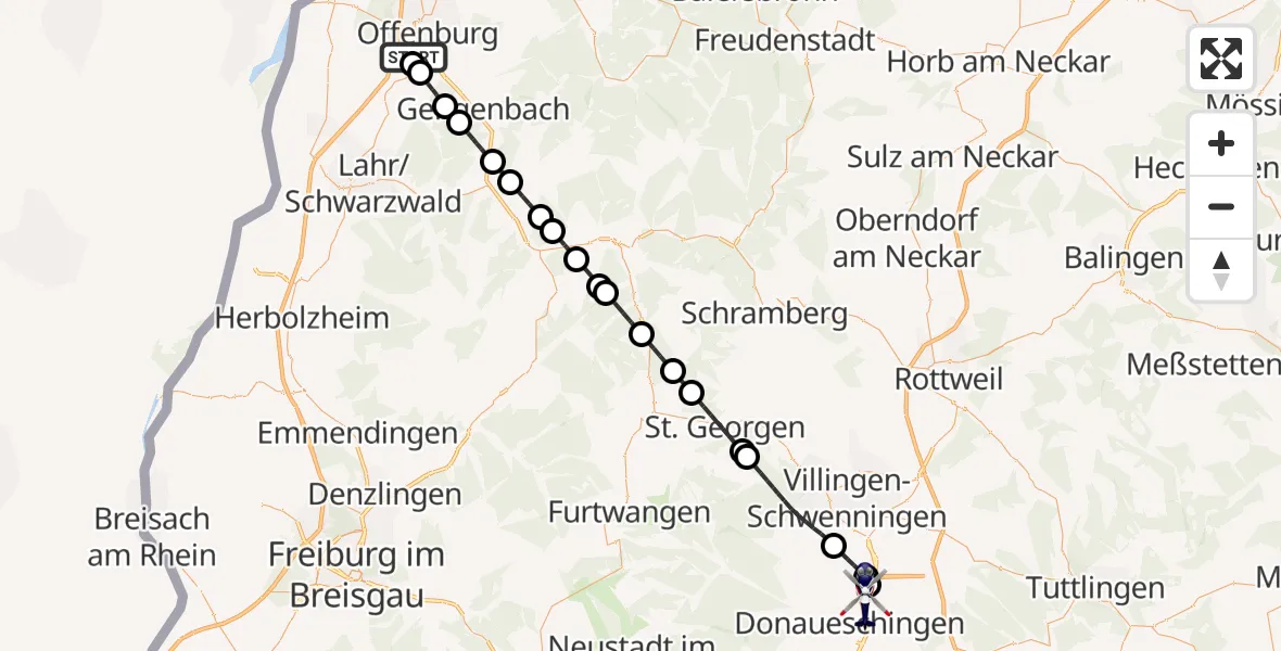 Flugroute Polizeihubschrauber Offenburg-Baden Flugplatz - Donaueschingen-Villingen Flugplatz, 20 Mai 2026, 10:56