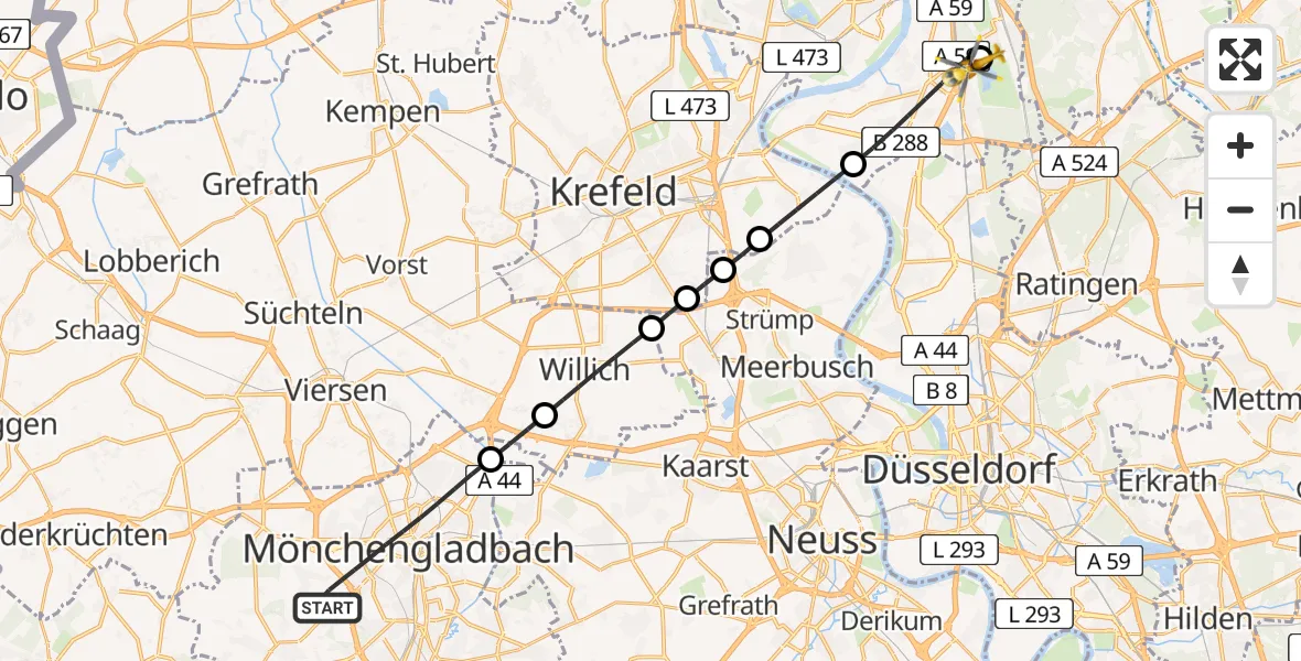 Flugroute Rettungshubschrauber Mönchengladbach - Duisburg Air Rescue Hubschrauberlandeplatz (Christoph 9), 20 Mai 2026, 10:59