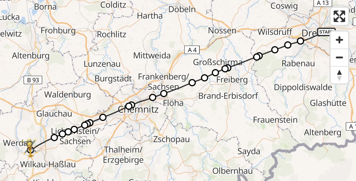 Flugroute Rettungshubschrauber Dresden - ADAC Air Rescue Station Zwickau Hubschrauberlandeplatz, 20 Mai 2026, 11:02
