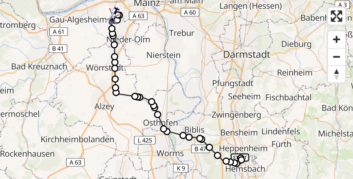 Flugroute Polizeihubschrauber Segelflugplatz Heppenheim - Mainz-Finthen Flugplatz, 20 Mai 2026, 11:14