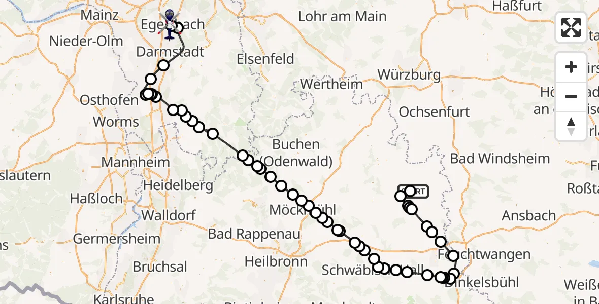 Flugroute Polizeihubschrauber Militärflugplatz Niederstetten - Flughafen Frankfurt-Egelsbach, 20 Mai 2026, 11:17