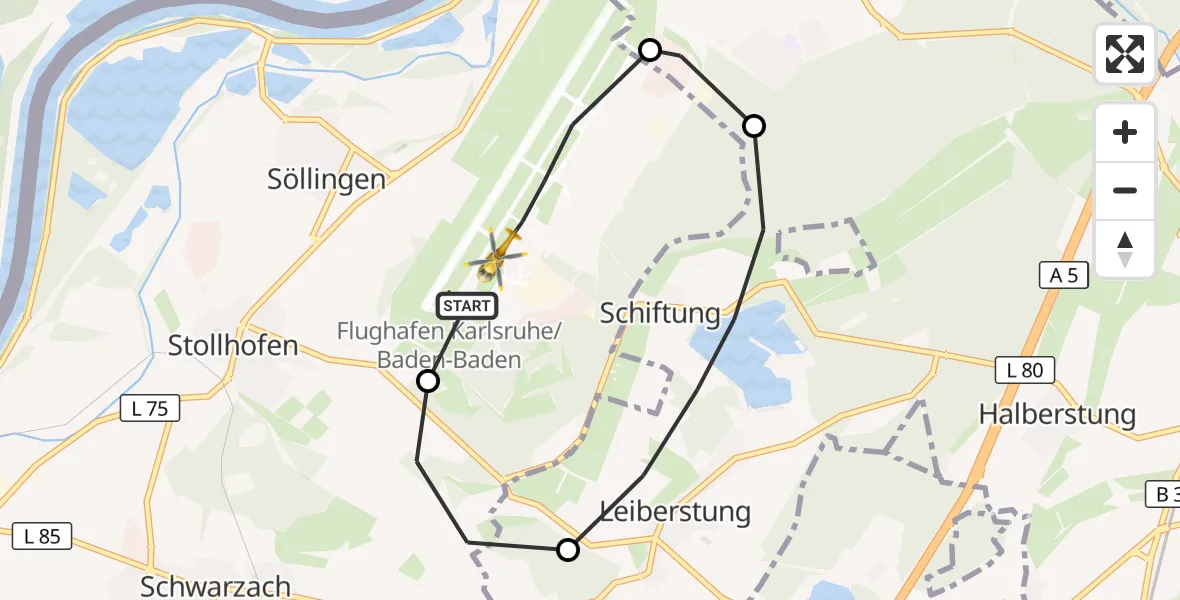 Flugroute Rettungshubschrauber Karlsruhe Baden-Baden Flughafen - Karlsruhe Baden-Baden Flughafen, 20 Mai 2026, 11:20